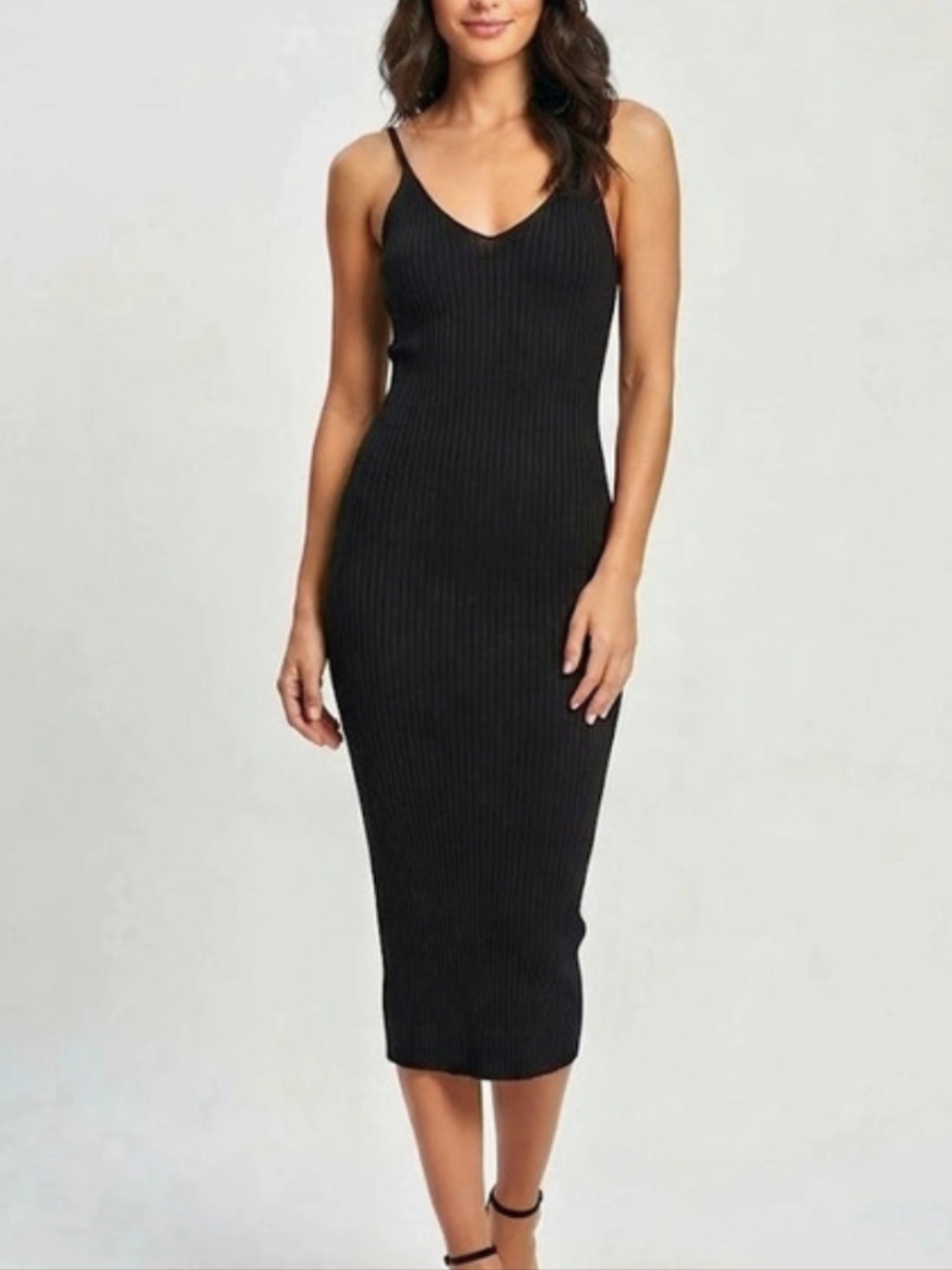 Zara Ribbed Knit Midi Dress Size Small Black Bodycon Spaghetti Straps